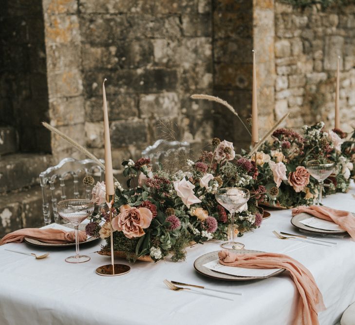 intimate blush pink and gold wedding table decor and flowers