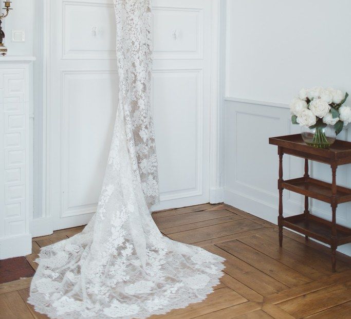 Lace Bridal Gown | L'heure Opulente - Laid Back French Chic, Paired with Elegant British Twists by Simply Pergord Weddings at Le Jardin à La Française Chateau | Mathilde Dufraisse Photography