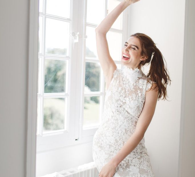 Pronovias High Neck Lace Wedding Dress | L'heure Opulente - Laid Back French Chic, Paired with Elegant British Twists by Simply Pergord Weddings at Le Jardin à La Française Chateau | Mathilde Dufraisse Photography