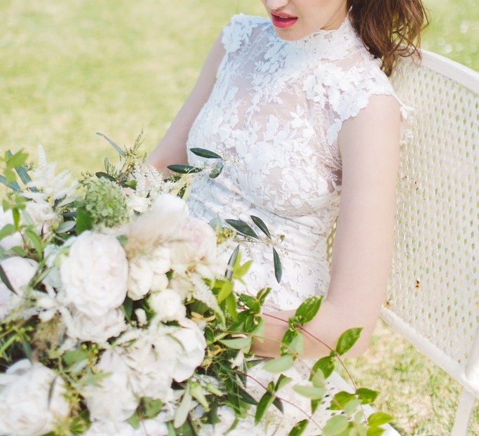 Bride in Pronovias Lace Wedding Dress &amp; White &amp; Green Bouquet | L'heure Opulente - Laid Back French Chic, Paired with Elegant British Twists by Simply Pergord Weddings at Le Jardin à La Française Chateau | Mathilde Dufraisse Photography