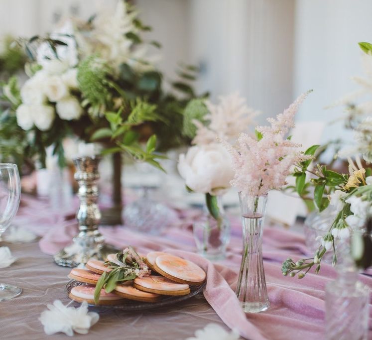 Pink Flower Stems in Vases &amp; Biscuits | L'heure Opulente - Laid Back French Chic, Paired with Elegant British Twists by Simply Pergord Weddings at Le Jardin à La Française Chateau | Mathilde Dufraisse Photography