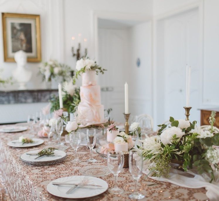 Blush Pink Dessert Table with Cakes by The Little Button Bakery | L'heure Opulente - Laid Back French Chic, Paired with Elegant British Twists by Simply Pergord Weddings at Le Jardin à La Française Chateau | Mathilde Dufraisse Photography