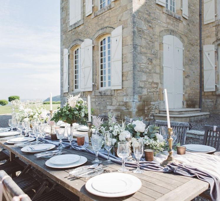 Tablescape with Decor by The Wedding of My Dreams | L'heure Opulente - Laid Back French Chic, Paired with Elegant British Twists by Simply Pergord Weddings at Le Jardin à La Française Chateau | Mathilde Dufraisse Photography