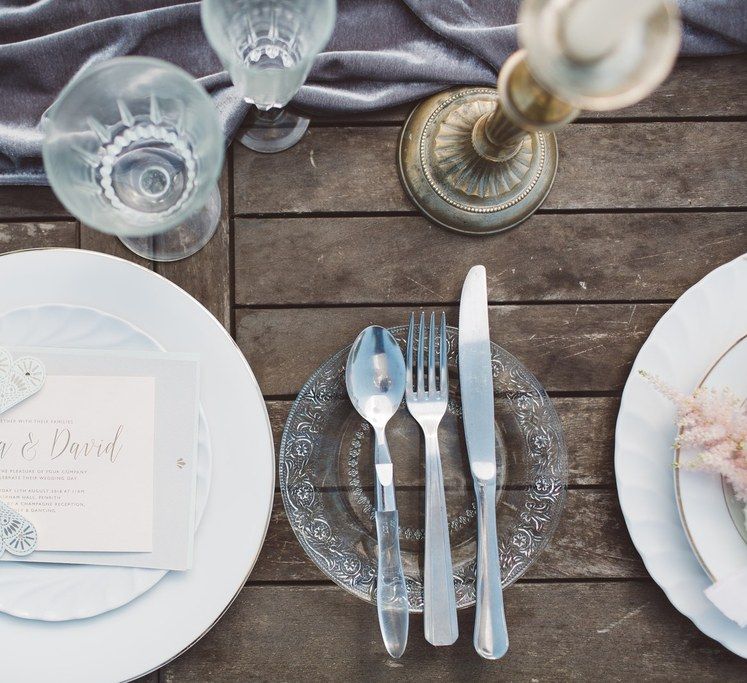 Elegant Place Setting with Candlesticks &amp; Clear Glass Side Plates | L'heure Opulente - Laid Back French Chic, Paired with Elegant British Twists by Simply Pergord Weddings at Le Jardin à La Française Chateau | Mathilde Dufraisse Photography