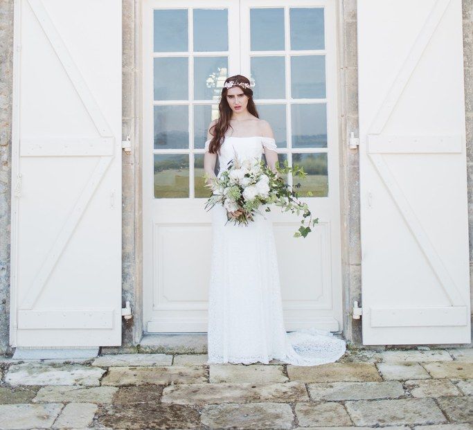 Bride in Bardot Off The Shoulder Wedding Dress  | L'heure Opulente - Laid Back French Chic, Paired with Elegant British Twists by Simply Pergord Weddings at Le Jardin à La Française Chateau | Mathilde Dufraisse Photography