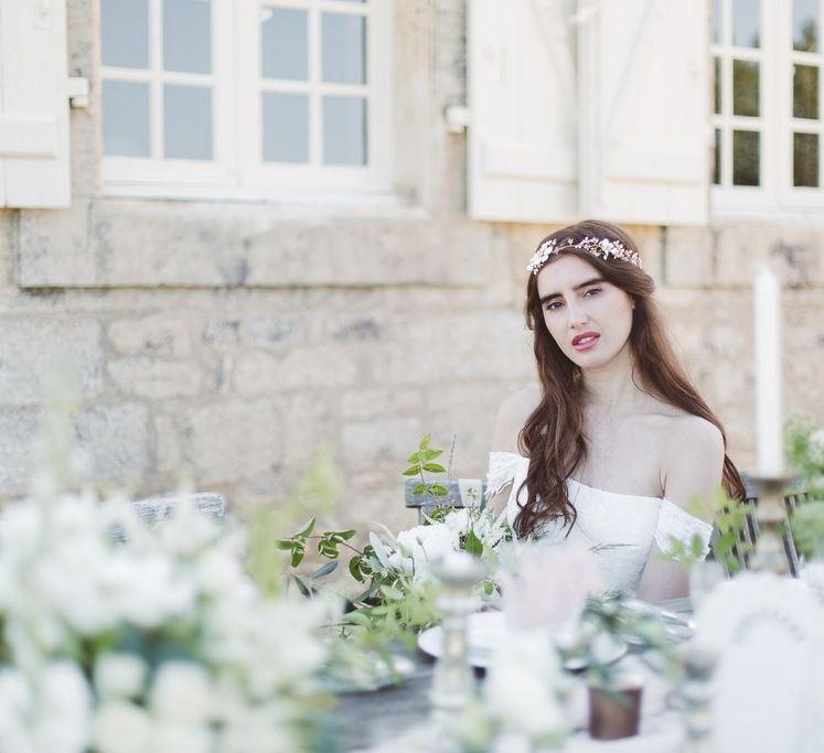 Bride in Bardot Off The Shoulder Wedding Dress | L'heure Opulente - Laid Back French Chic, Paired with Elegant British Twists by Simply Pergord Weddings at Le Jardin à La Française Chateau | Mathilde Dufraisse Photography