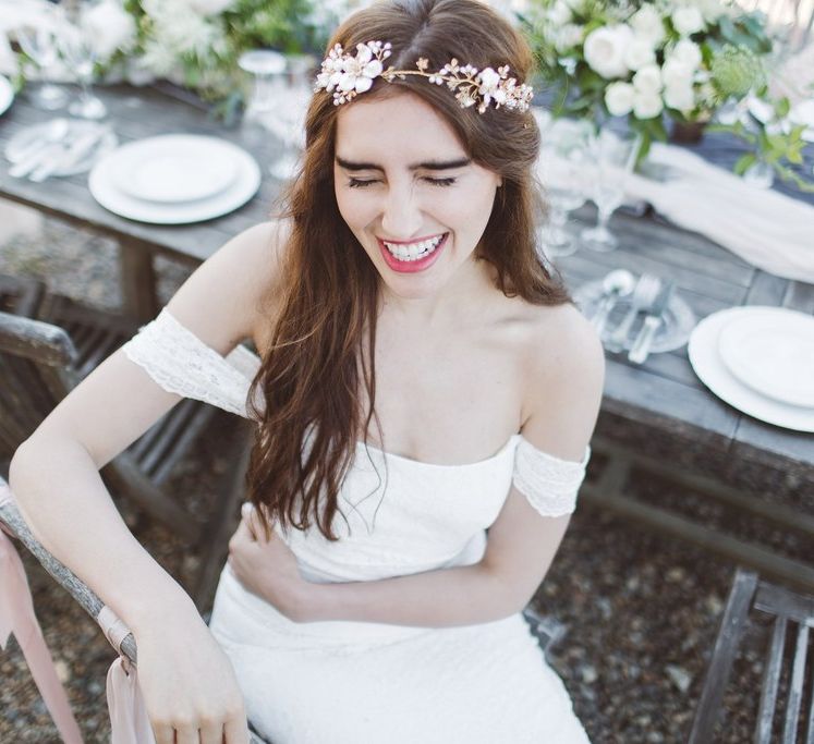 Bardot Off The Shoulder Bridal Gown &amp; Hermione Harbutt Gold Vine Headdress | L'heure Opulente - Laid Back French Chic, Paired with Elegant British Twists by Simply Pergord Weddings at Le Jardin à La Française Chateau | Mathilde Dufraisse Photography