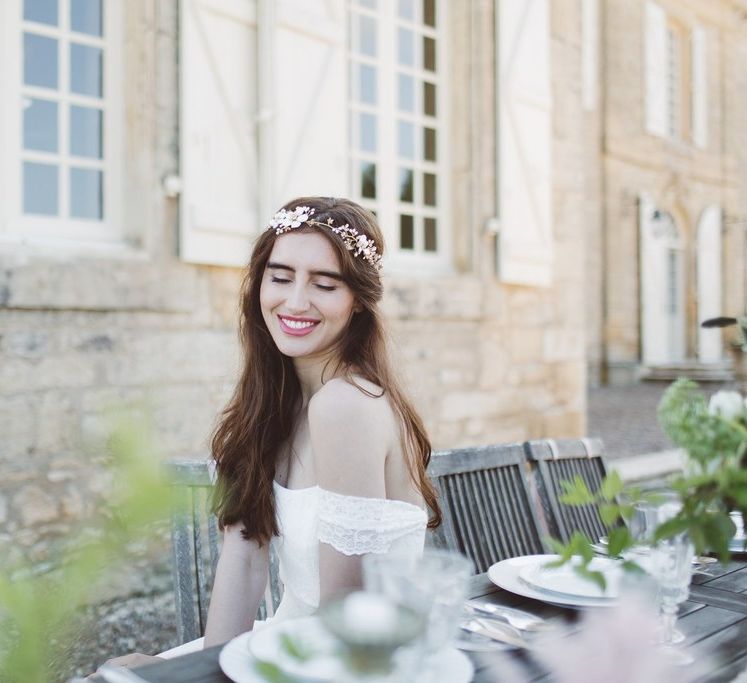 Bardot Off The Shoulder Bridal Gown &amp; Hermione Harbutt Gold Vine Headdress | L'heure Opulente - Laid Back French Chic, Paired with Elegant British Twists by Simply Pergord Weddings at Le Jardin à La Française Chateau | Mathilde Dufraisse Photography