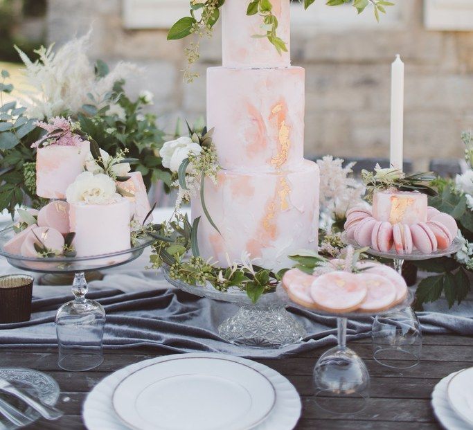 Blush Pink Dessert Table with Cakes &amp; Biscuits by The Little Button Bakery | L'heure Opulente - Laid Back French Chic, Paired with Elegant British Twists by Simply Pergord Weddings at Le Jardin à La Française Chateau | Mathilde Dufraisse Photography