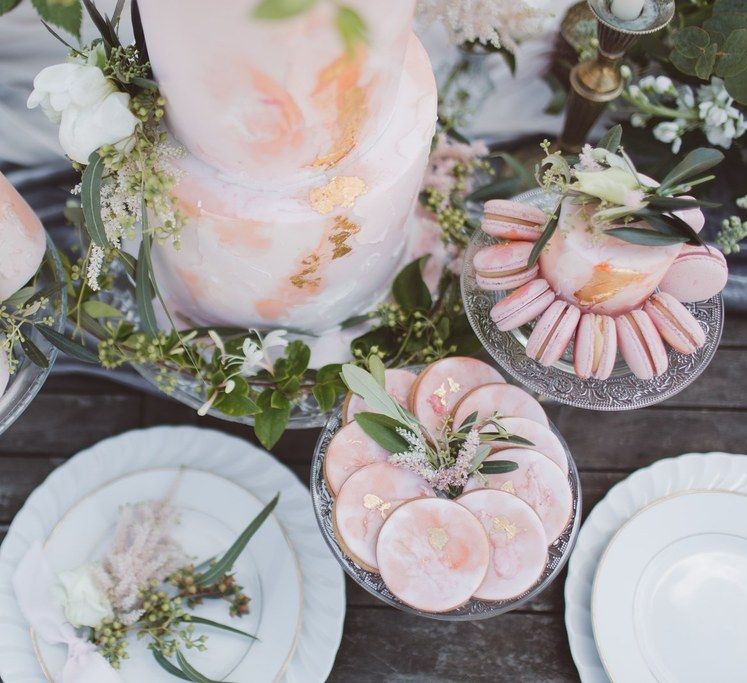 Blush Pink Dessert Table with Cakes &amp; Biscuits by The Little Button Bakery | L'heure Opulente - Laid Back French Chic, Paired with Elegant British Twists by Simply Pergord Weddings at Le Jardin à La Française Chateau | Mathilde Dufraisse Photography