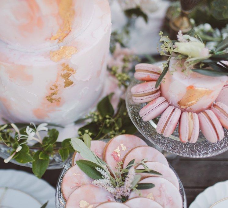 Blush Pink Dessert Table with Cakes &amp; Biscuits by The Little Button Bakery | L'heure Opulente - Laid Back French Chic, Paired with Elegant British Twists by Simply Pergord Weddings at Le Jardin à La Française Chateau | Mathilde Dufraisse Photography