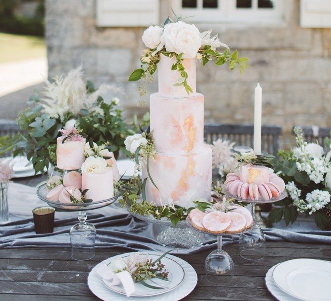 Blush Pink Dessert Table with Cakes &amp; Biscuits by The Little Button Bakery | L'heure Opulente - Laid Back French Chic, Paired with Elegant British Twists by Simply Pergord Weddings at Le Jardin à La Française Chateau | Mathilde Dufraisse Photography