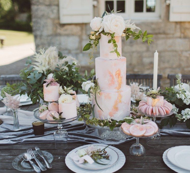 Blush Pink Dessert Table with Cakes &amp; Biscuits by The Little Button Bakery | L'heure Opulente - Laid Back French Chic, Paired with Elegant British Twists by Simply Pergord Weddings at Le Jardin à La Française Chateau | Mathilde Dufraisse Photography