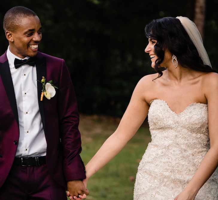 Bride In Mori Lee Dress And Groom In Purple Suit By Noose &amp; Monkey // Pampas Grass Altar For A Glamorous Thailand Destination Wedding Planned By The Wedding Bliss Thailand With Images From Liam Collard Photography