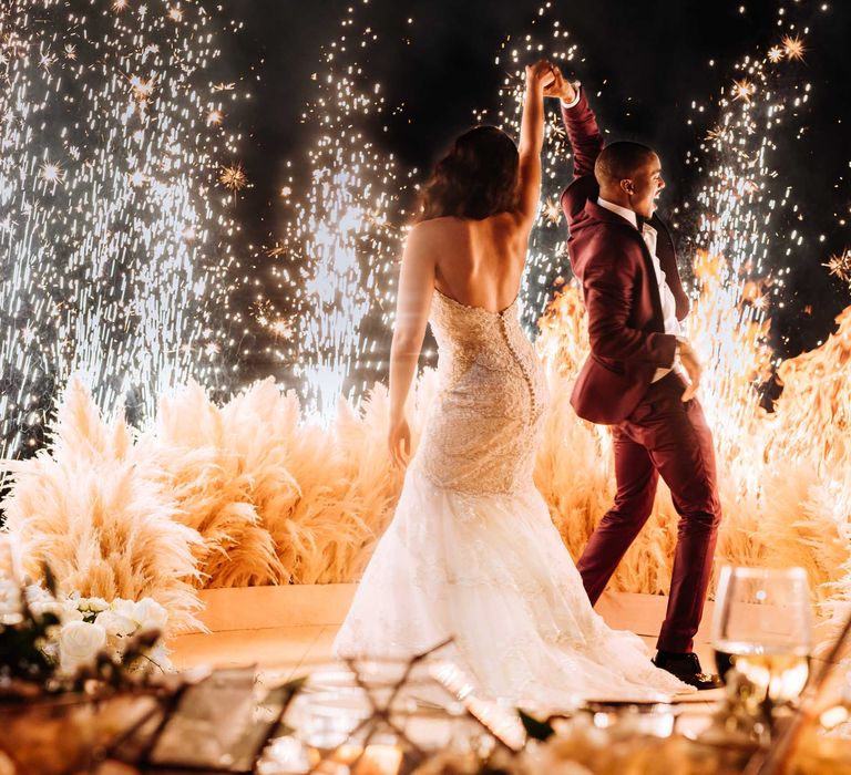 Fireworks At Wedding // Pampas Grass Altar For A Glamorous Thailand Destination Wedding Planned By The Wedding Bliss Thailand With Images From Liam Collard Photography