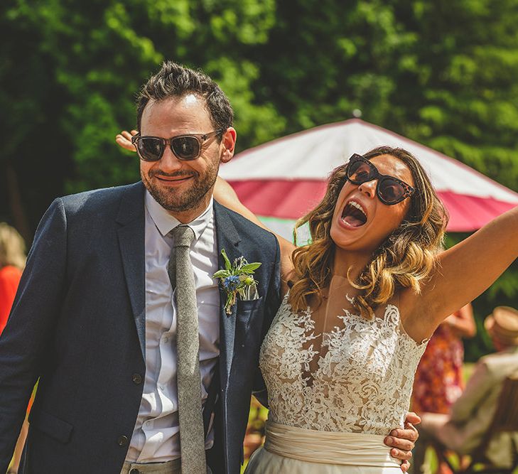 Bride in Separates | Helena Fortley Lace Top | Groom in Navy Suit | Pennard House Outdoor Country Garden Wedding | Howell Jones Photography