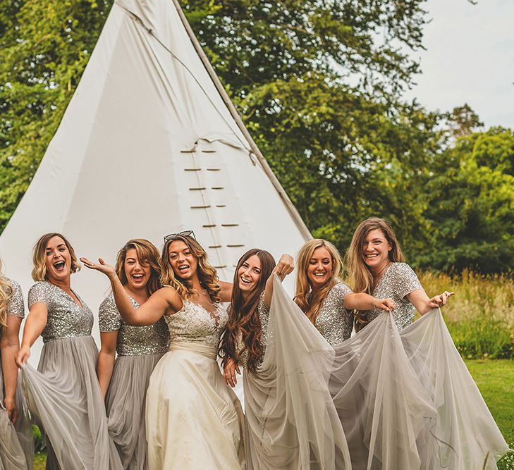 Bridal Party | Bridesmaids in Sequin &amp; Tulle Maya Dresses | Bride in Separates | Helena Fortley Lace Top | Pennard House Outdoor Country Garden Wedding | Howell Jones Photography