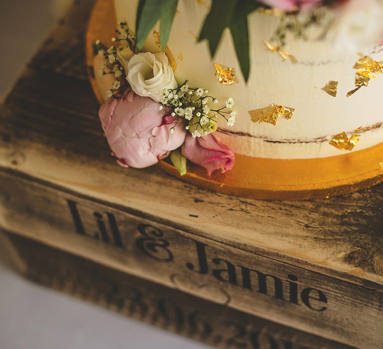 Pink Peony Flowers | Gold Leaf Decor Wedding Cake | Pennard House Outdoor Country Garden Wedding | Howell Jones Photography