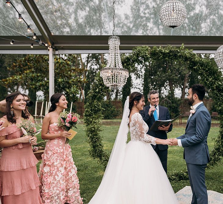 Wedding Ceremony | Bride in Rosa Clara Gown | Groom in Grey Suit &amp; Bow Tie | Luxe Blush Pink Glasshouse Wedding at Cortal Gran, Spain Planned by La Puta Suegra  | Sara Lobla Photography