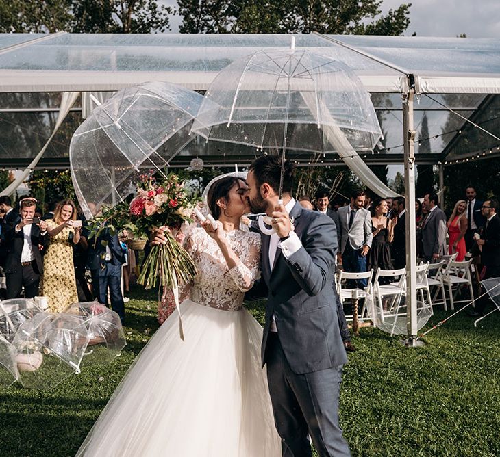 Bride in Rosa Clara Princess Gown | Groom in Grey Suit | Luxe Blush Pink Glasshouse Wedding at Cortal Gran, Spain Planned by La Puta Suegra  | Sara Lobla Photography