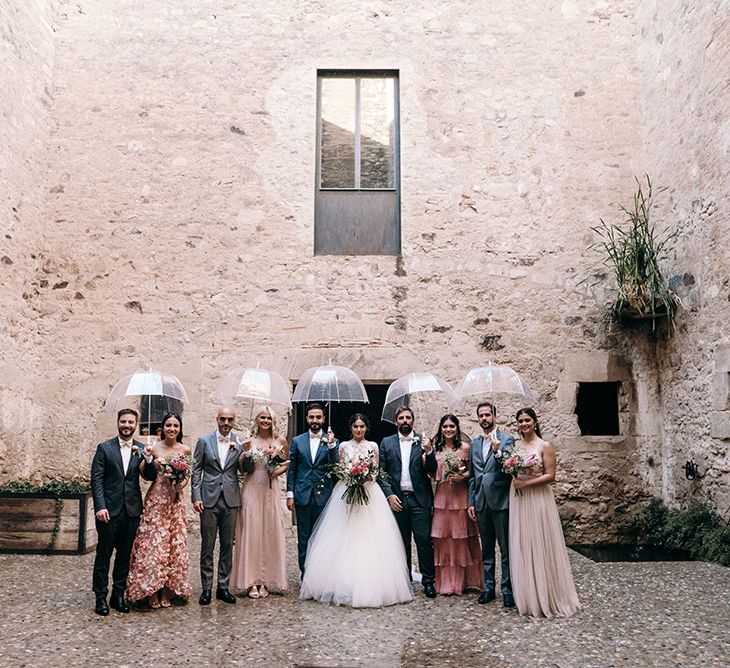 Wedding Party | Bride in Rosa Clara Gown | Bridesmaids in Different Blush Pink Dresses | Groomsmen in Grey  Suits &amp; Bow Ties | Luxe Blush Pink Glasshouse Wedding at Cortal Gran, Spain Planned by La Puta Suegra  | Sara Lobla Photography