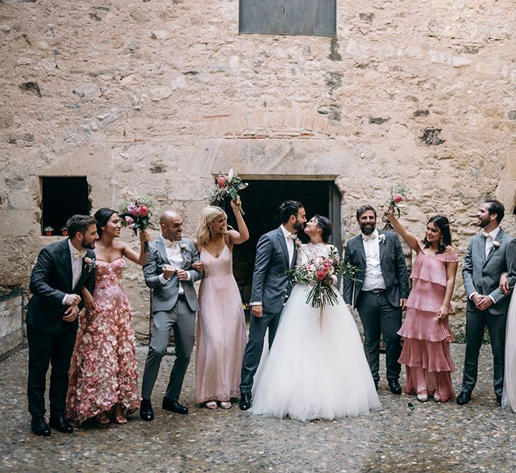 Wedding Party | Bride in Rosa Clara Gown | Bridesmaids in Different Blush Pink Dresses | Groomsmen in Grey  Suits &amp; Bow Ties | Luxe Blush Pink Glasshouse Wedding at Cortal Gran, Spain Planned by La Puta Suegra  | Sara Lobla Photography