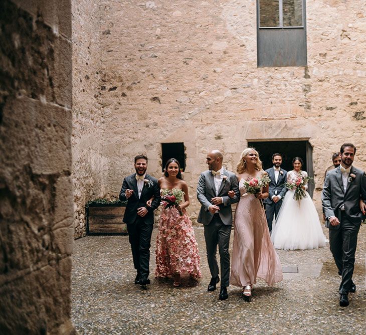 Wedding Party | Bride in Rosa Clara Gown | Bridesmaids in Different Blush Pink Dresses | Groomsmen in Grey  Suits &amp; Bow Ties | Luxe Blush Pink Glasshouse Wedding at Cortal Gran, Spain Planned by La Puta Suegra  | Sara Lobla Photography