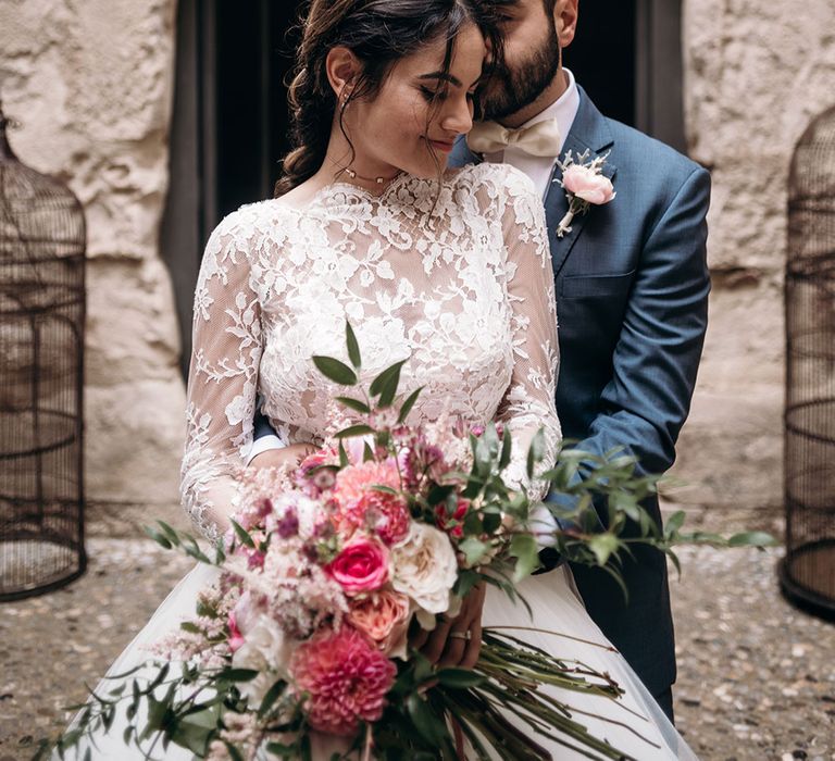 Bride in Rosa Clara Princess Gown | Groom in Grey  Suit &amp; Bow Tie | Luxe Blush Pink Glasshouse Wedding at Cortal Gran, Spain Planned by La Puta Suegra  | Sara Lobla Photography