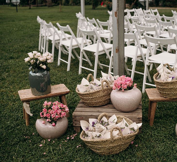 Confetti Baskets | Roses in Vases | Aisle &amp; Altar Style | Wedding Decor | Luxe Blush Pink Glasshouse Wedding at Cortal Gran, Spain Planned by La Puta Suegra  | Sara Lobla Photography