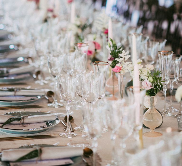 Elegant Table Decor | Flower Stems in Vases | Taper Candles | Luxe Blush Pink Glasshouse Wedding at Cortal Gran, Spain Planned by La Puta Suegra  | Sara Lobla Photography