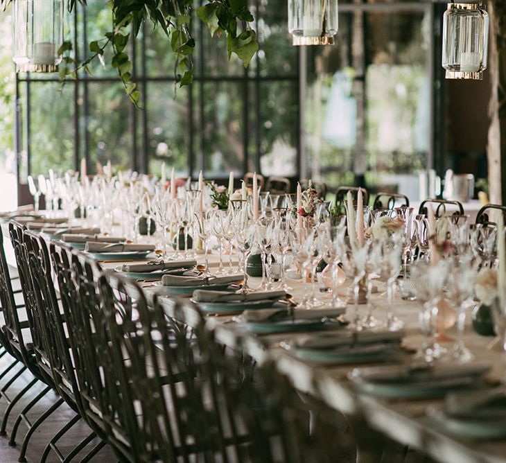 Elegant Table Decor | Flower Stems in Vases | Taper Candles | Luxe Blush Pink Glasshouse Wedding at Cortal Gran, Spain Planned by La Puta Suegra  | Sara Lobla Photography