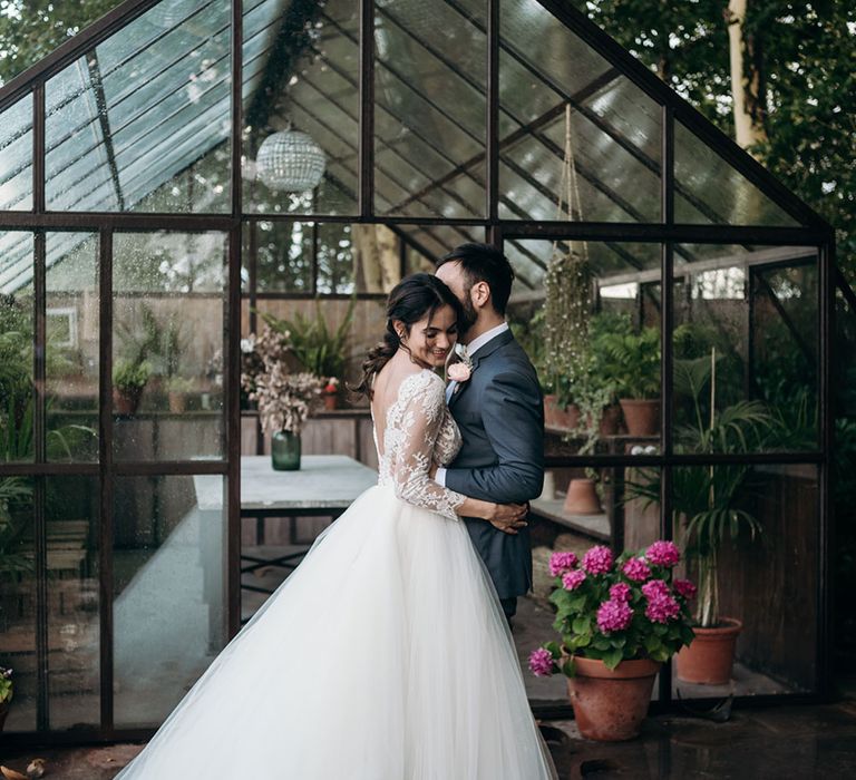 Bride in Rosa Clara Princess Gown | Groom in Grey  Suit &amp; Bow Tie | Luxe Blush Pink Glasshouse Wedding at Cortal Gran, Spain Planned by La Puta Suegra  | Sara Lobla Photography