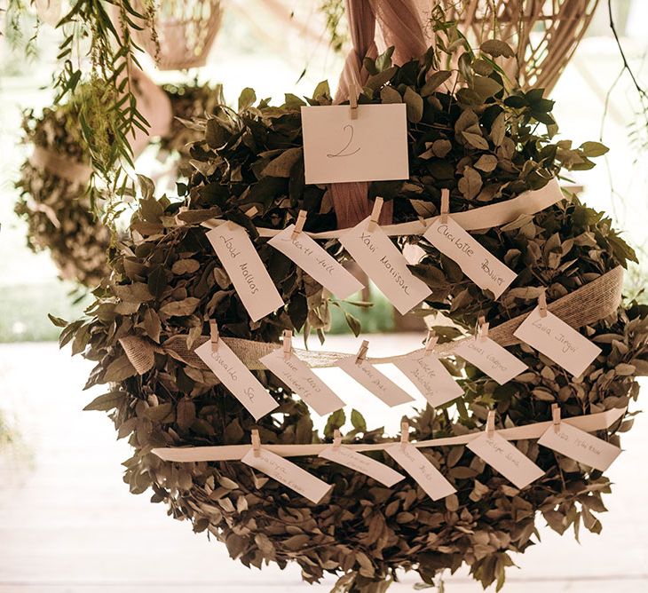 Foliage Wreath Table Plan | Luxe Blush Pink Glasshouse Wedding at Cortal Gran, Spain Planned by La Puta Suegra  | Sara Lobla Photography