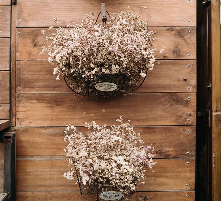 Floral Baskets Wedding Decor | Wedding Decor | Luxe Blush Pink Glasshouse Wedding at Cortal Gran, Spain Planned by La Puta Suegra  | Sara Lobla Photography