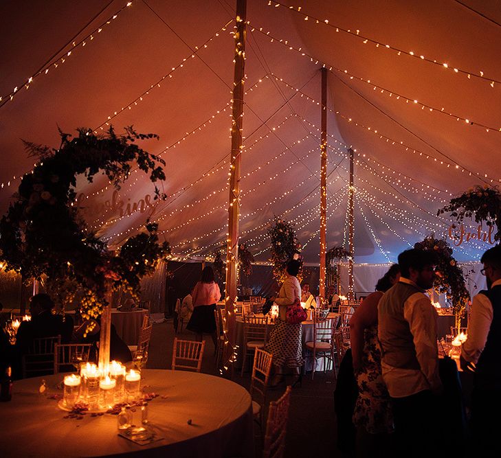 Fairy lights covering the marquee reception at Dorfold Hall