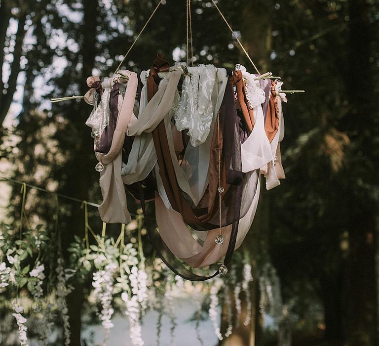 DIY Ribbon Chandlier Wedding Decor | Autumnal Scottish Woodland Wedding at Fernie Castle | Maureen Du Preez Photography