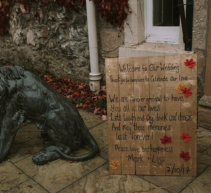 Wooden Welcome Wedding Sign | Autumnal Scottish Woodland Wedding at Fernie Castle | Maureen Du Preez Photography