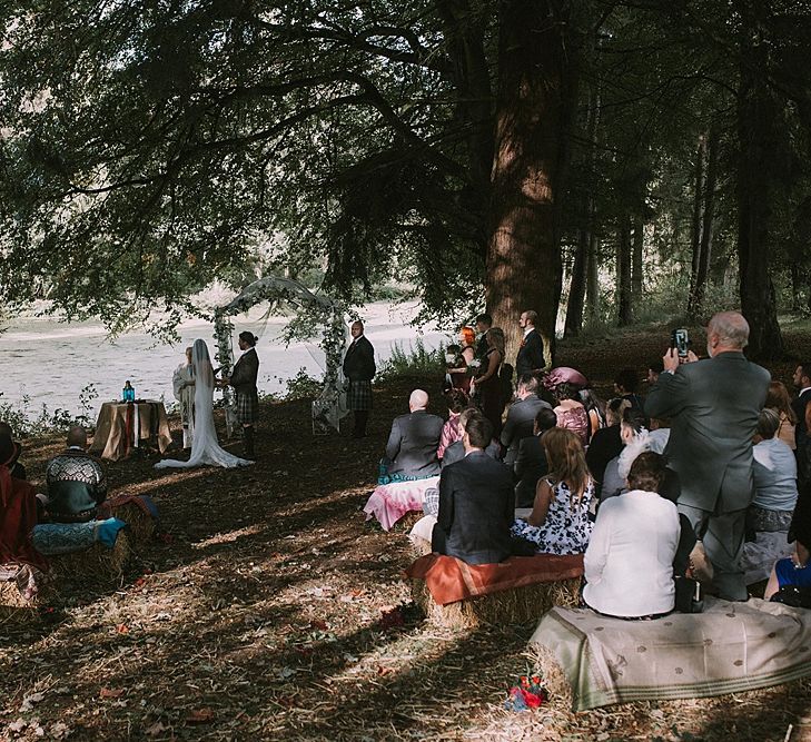 Wedding Ceremony | Bride in Enzoani Gown | Groom in Tartan Kilt | Autumnal Scottish Woodland Wedding at Fernie Castle | Maureen Du Preez Photography