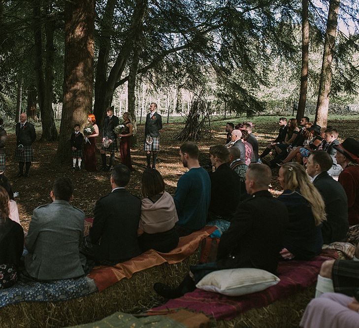 Wedding Ceremony | Bride in Enzoani Gown | Groom in Tartan Kilt | Autumnal Scottish Woodland Wedding at Fernie Castle | Maureen Du Preez Photography