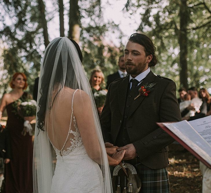 Wedding Ceremony | Bride in Enzoani Gown | Groom in Tartan Kilt | Autumnal Scottish Woodland Wedding at Fernie Castle | Maureen Du Preez Photography