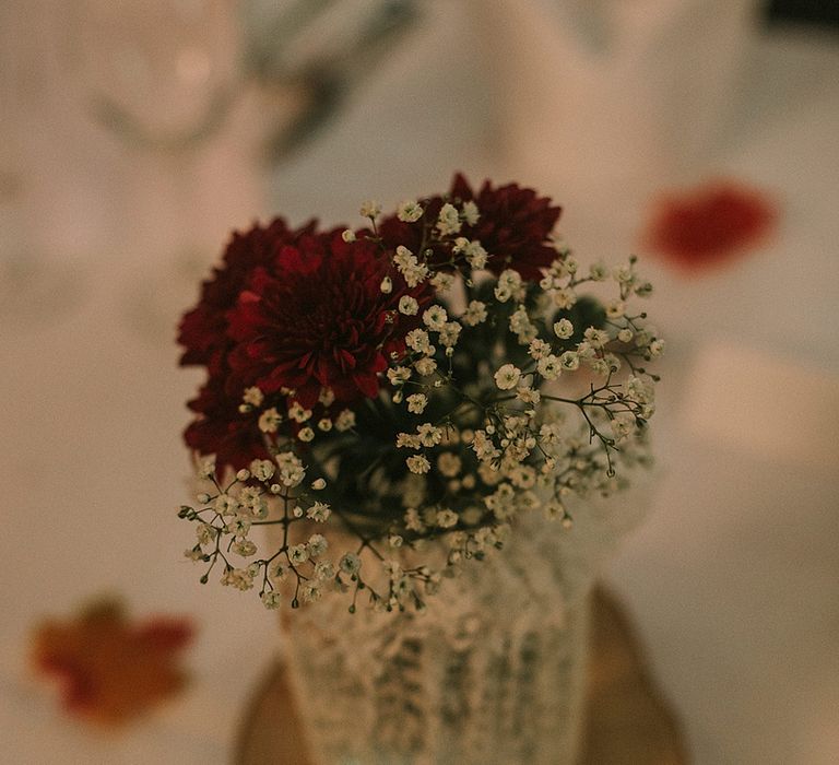 Flower Stems in Vases on Wood Slices | Wedding Decor | Autumnal Scottish Woodland Wedding at Fernie Castle | Maureen Du Preez Photography