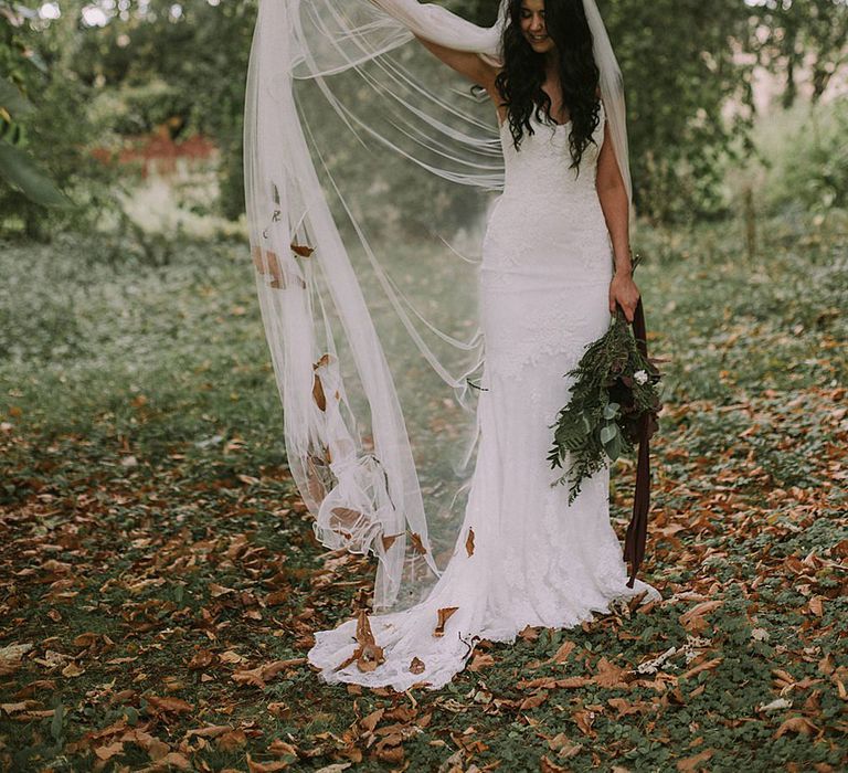 Bride in Enzoani Gown &amp; Richard Designs Cathedral Length Veil | Autumnal Scottish Woodland Wedding at Fernie Castle | Maureen Du Preez Photography