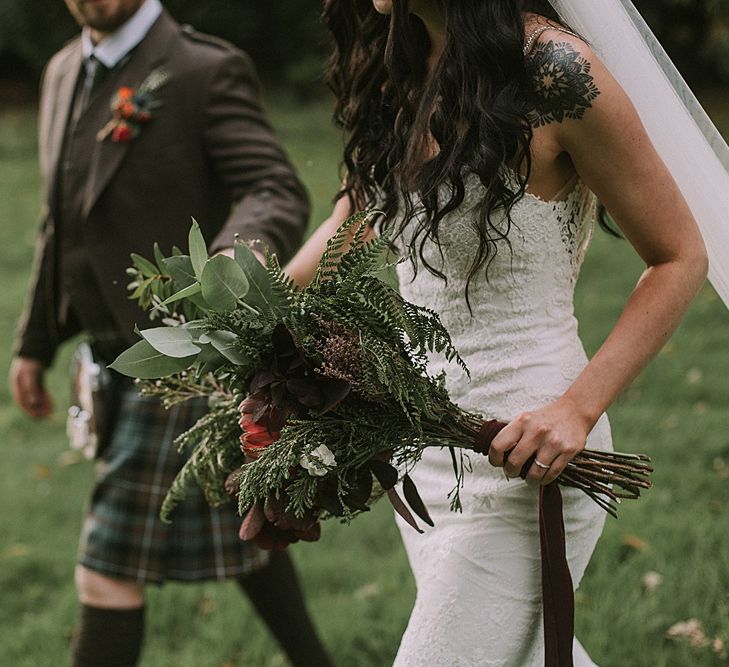 Boho Bride in Enzoani Gown | Groom in Tartan Kilt | Autumnal Scottish Woodland Wedding at Fernie Castle | Maureen Du Preez Photography