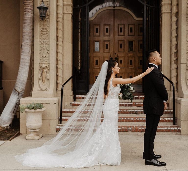 Bride and groom first look at LA wedding