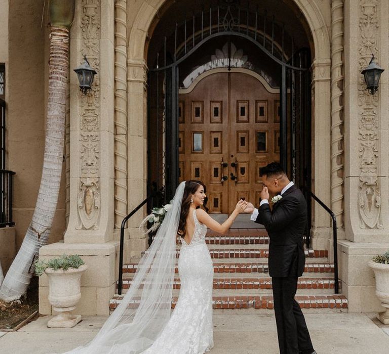 Bride and groom first look at LA wedding