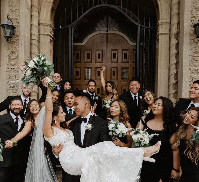 Groom picks up bride outside LA wedding venue