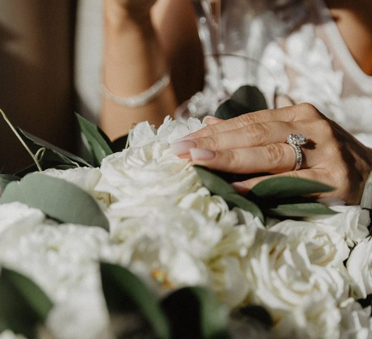 Natural wedding nails with white flowers for black and white colour scheme wedding