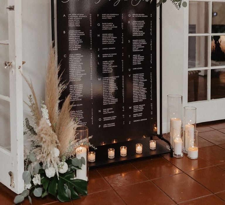 Monochrome seating chart for black and white colour scheme wedding