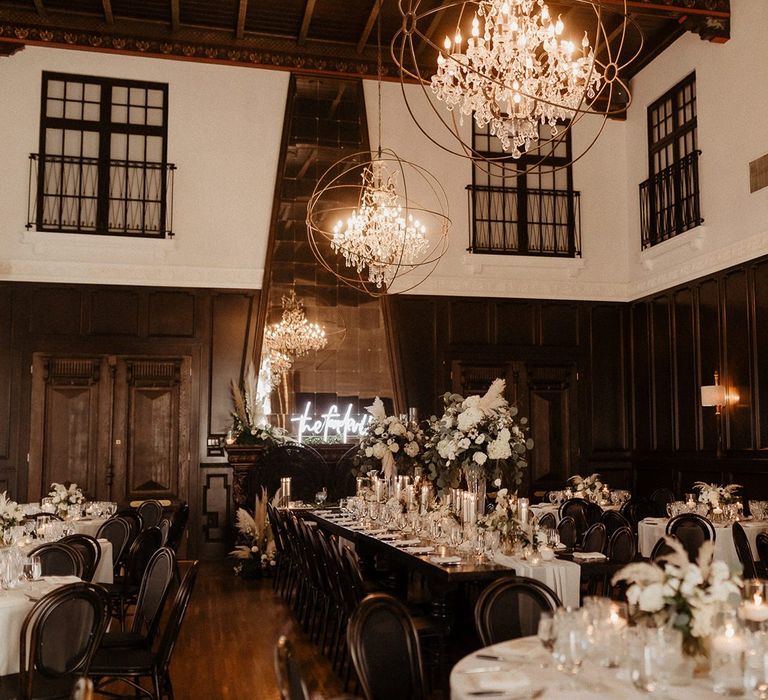 Wedding breakfast decor with black and white colour scheme