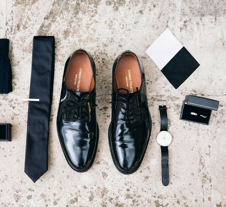 Wedding Morning Preparations | Black Patent Shoes by Common Projects from Mr Porter | Black Tie | Groom's Cufflinks | Wedding Bands | Puglian Countryside Wedding with Fairy Light Altar and Olive Grove Aperitivo | Figtree Wedding Photography